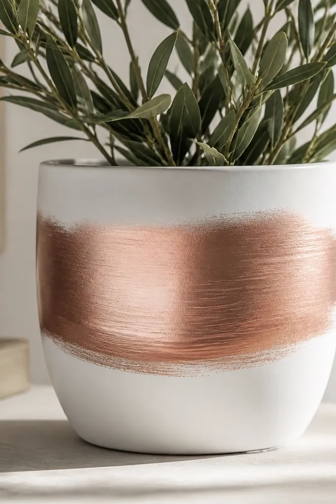 A pot painted matte white with a wide rose-gold metallic brushstroke band across the middle. The brushstroke edges are slightly feathered, with a darker rose-gold shadow line just below the band.