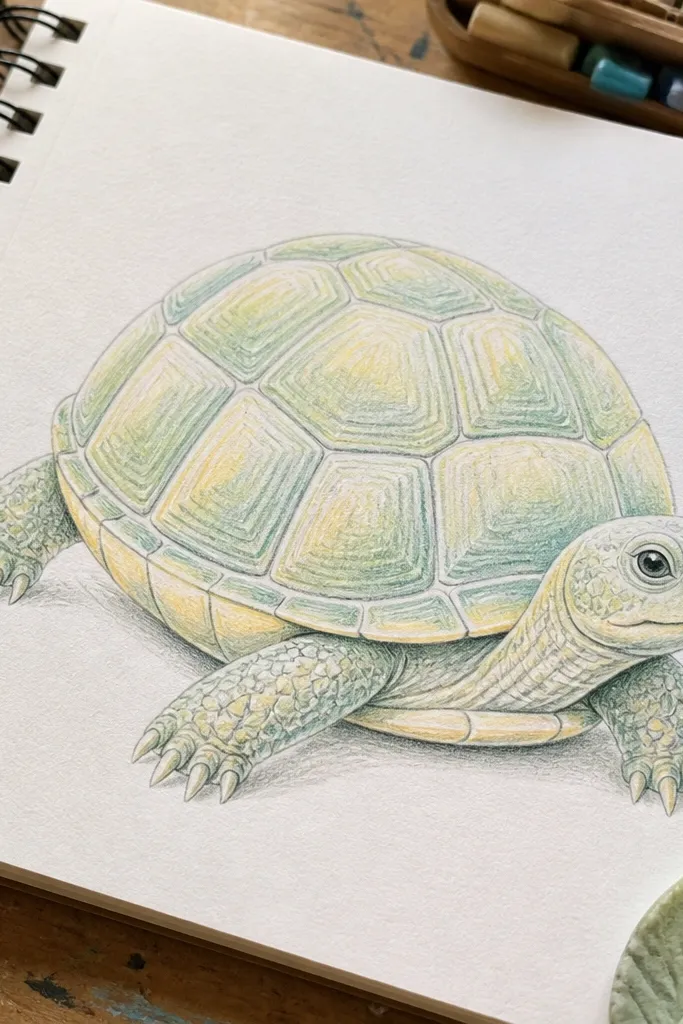 Pastel turtle with a domed shell divided into large sections and tiny flowers around it