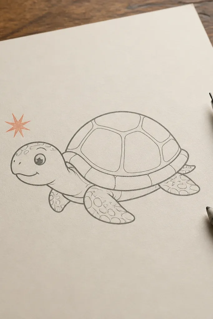 Simple line turtle with a smooth shell outline and one starburst near the head