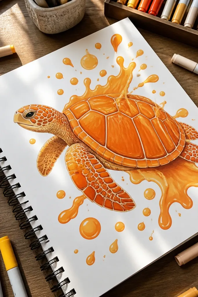 Warm orange and tan turtle with a shell pattern that looks like mango slices
