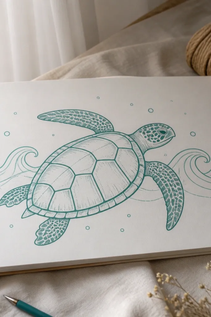 Teal-outlined turtle with a seafoam green shell and wavy water marks behind