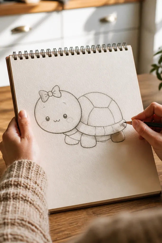 Cute turtle with a rounded face, cheek dots, and a small bow on the head
