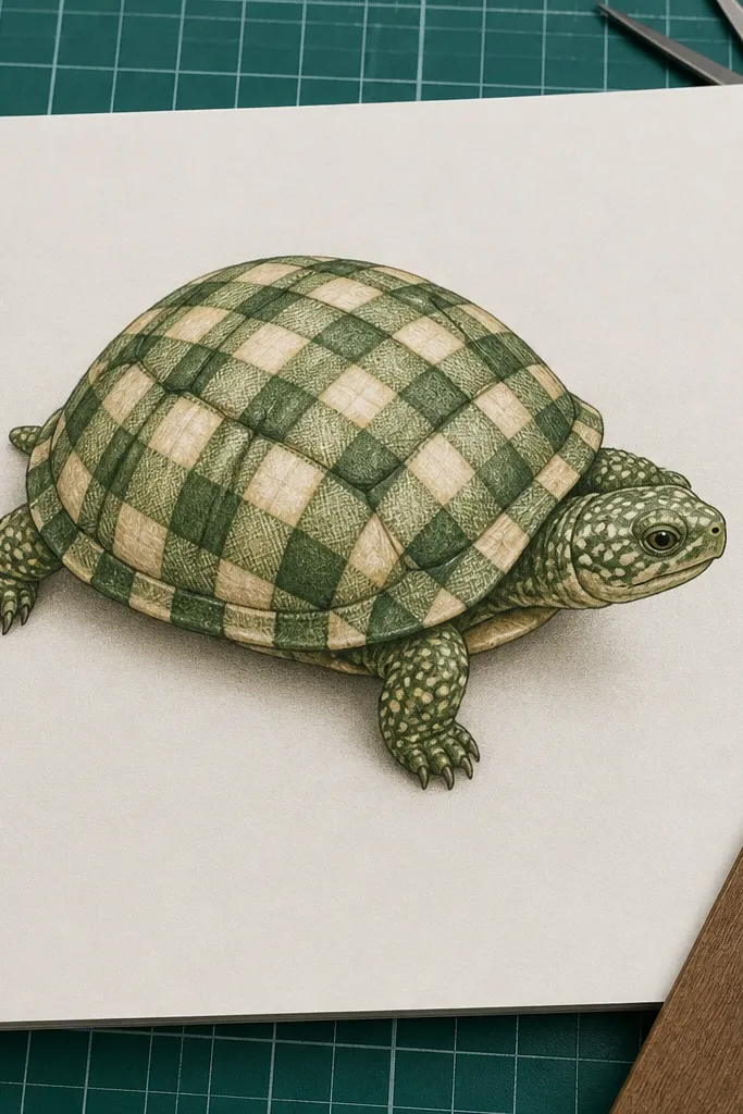 Turtle with a gingham checker pattern on the shell in green and cream