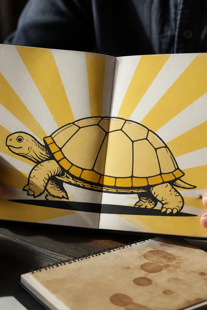 Yellow turtle with a bold black outline and sunbeam rays behind the shell
