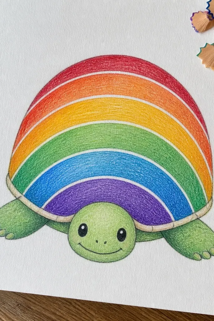 Turtle with a shell made of smooth rainbow bands in arcs and a simple smiling face