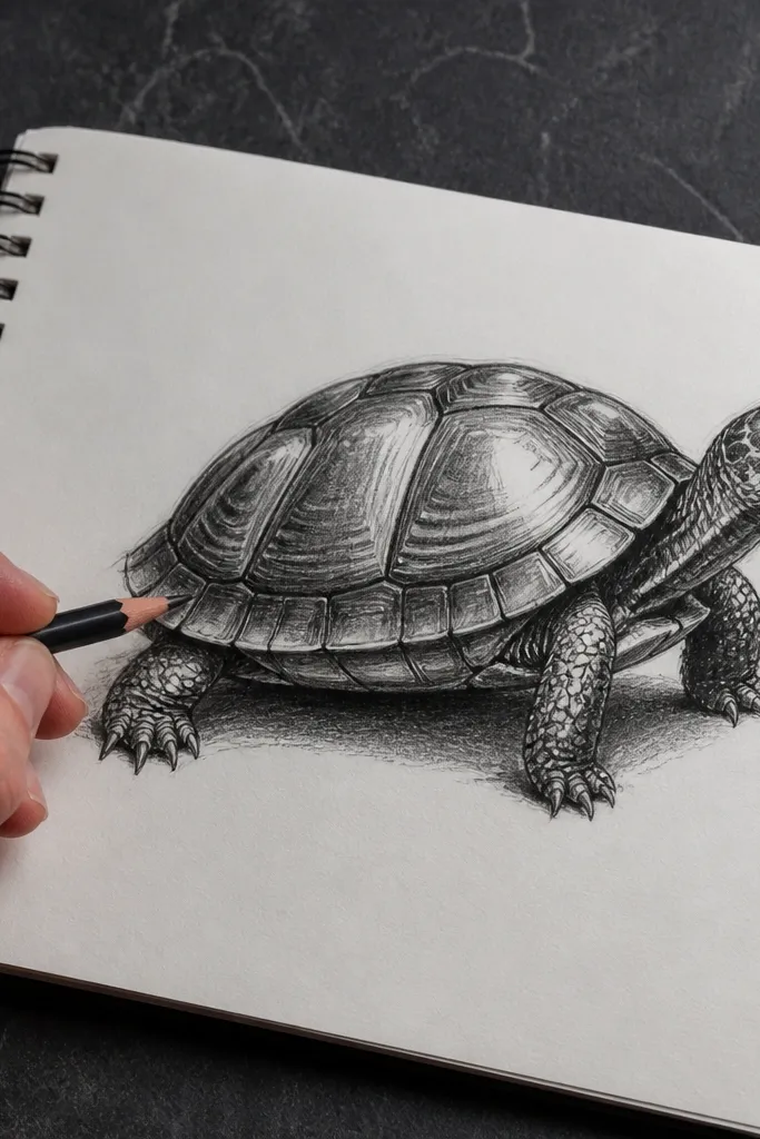 Charcoal turtle drawing with white highlight dots and shell segment lines
