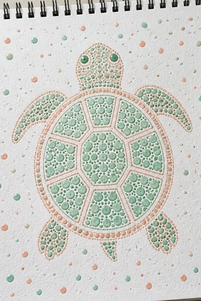 Turtle with polka dots on the shell and small confetti dots in the background