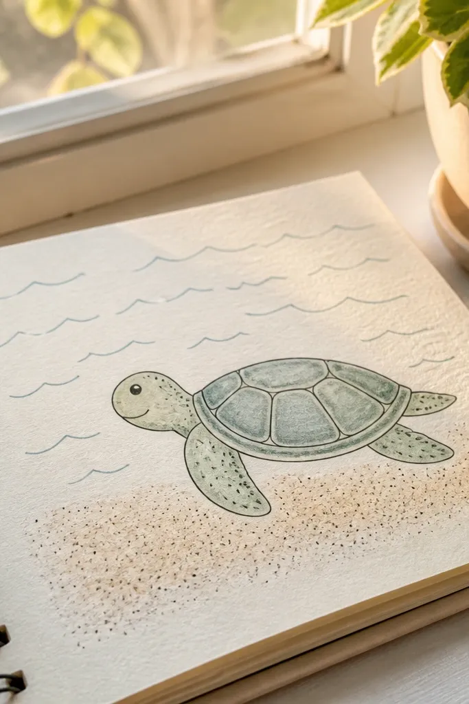 Turtle with a simple shell pattern, tiny wave lines behind, and sand dots at the bottom