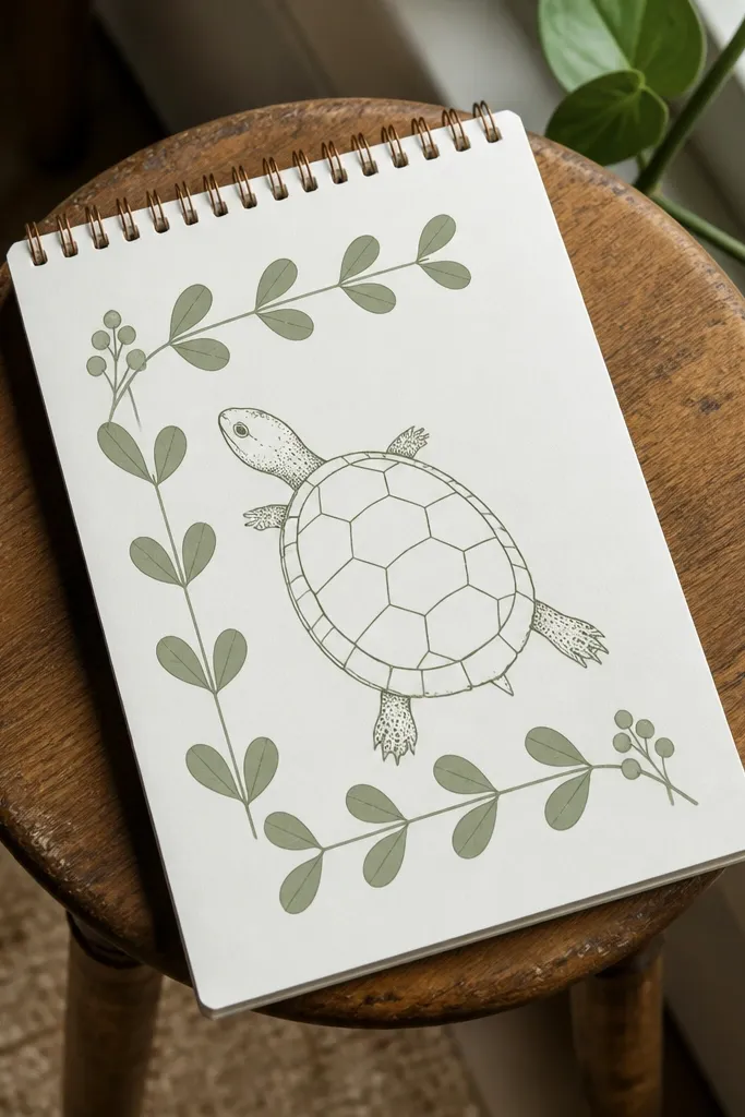 Turtle centered in a simple leafy frame with neat shell segments and a calm color palette