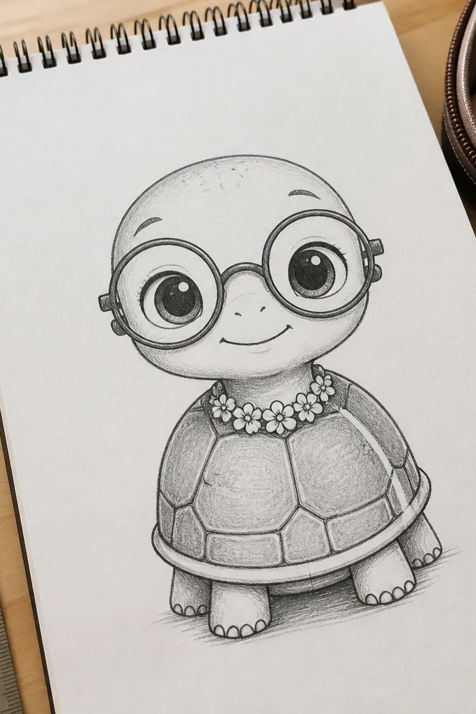 Turtle with round glasses and a small flower collar, simple shell segments, bright face