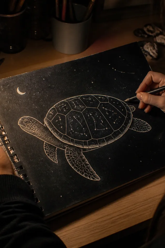 Turtle shell filled with constellation dots and lines, with a dark night background