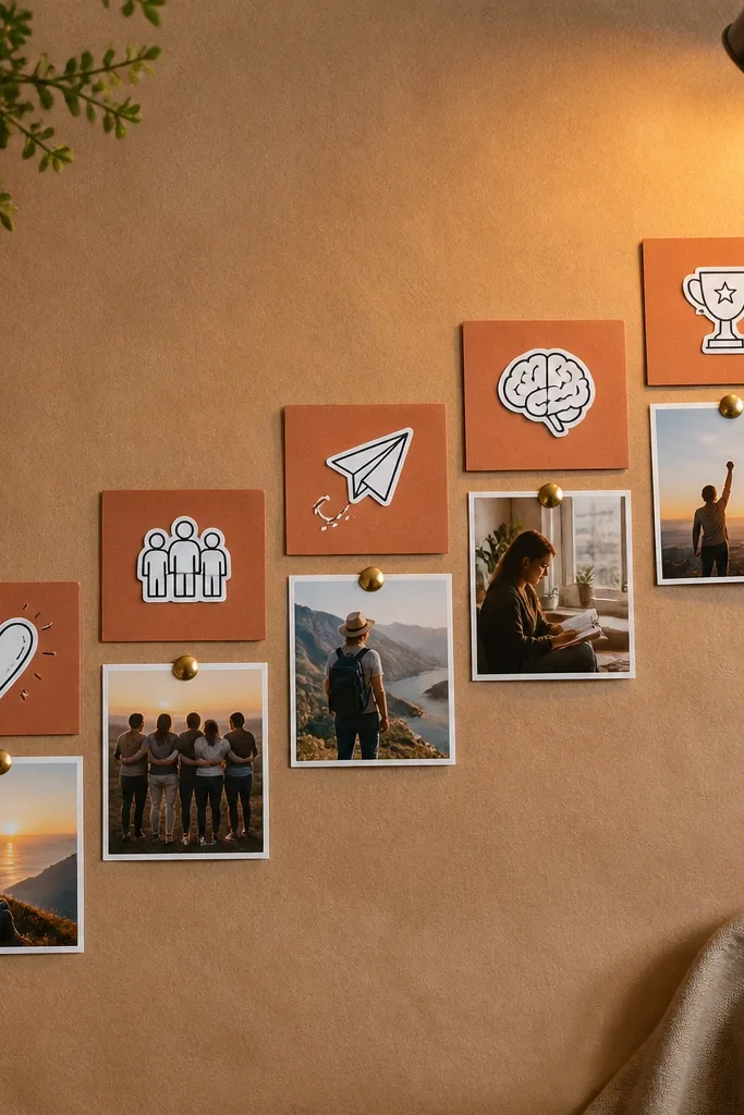 Terracotta and cream sticky notes arranged as steps with small icons in warm colors