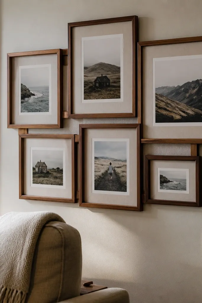 Three thrifted frames on a linen cloth background with photos and small cutouts