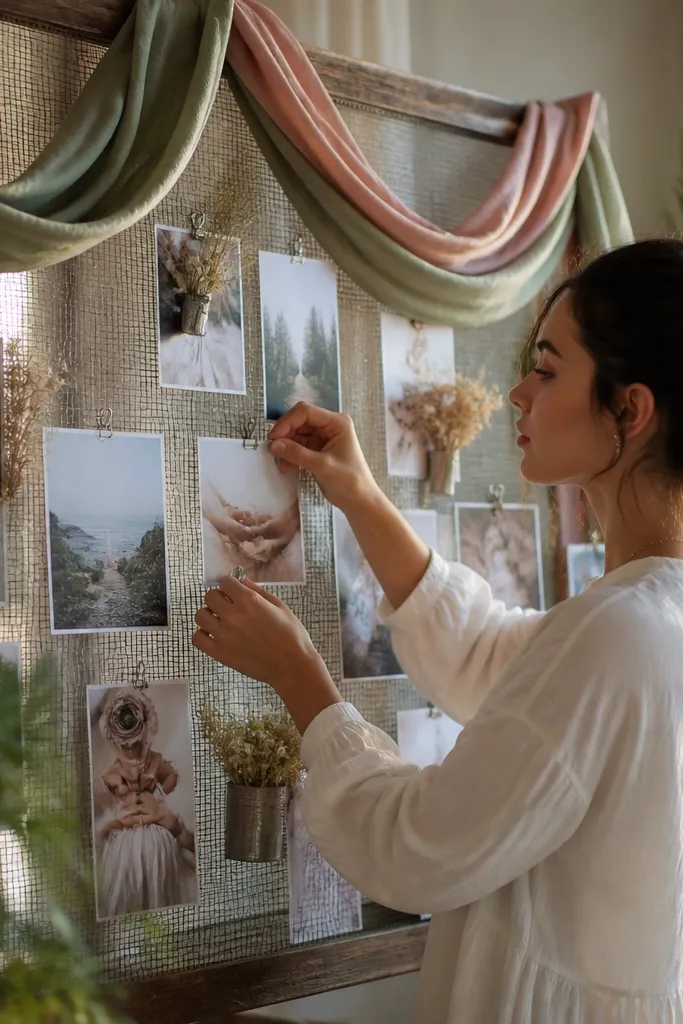 Old window screen covered with photos clipped with clothespins and small fabric banner strips