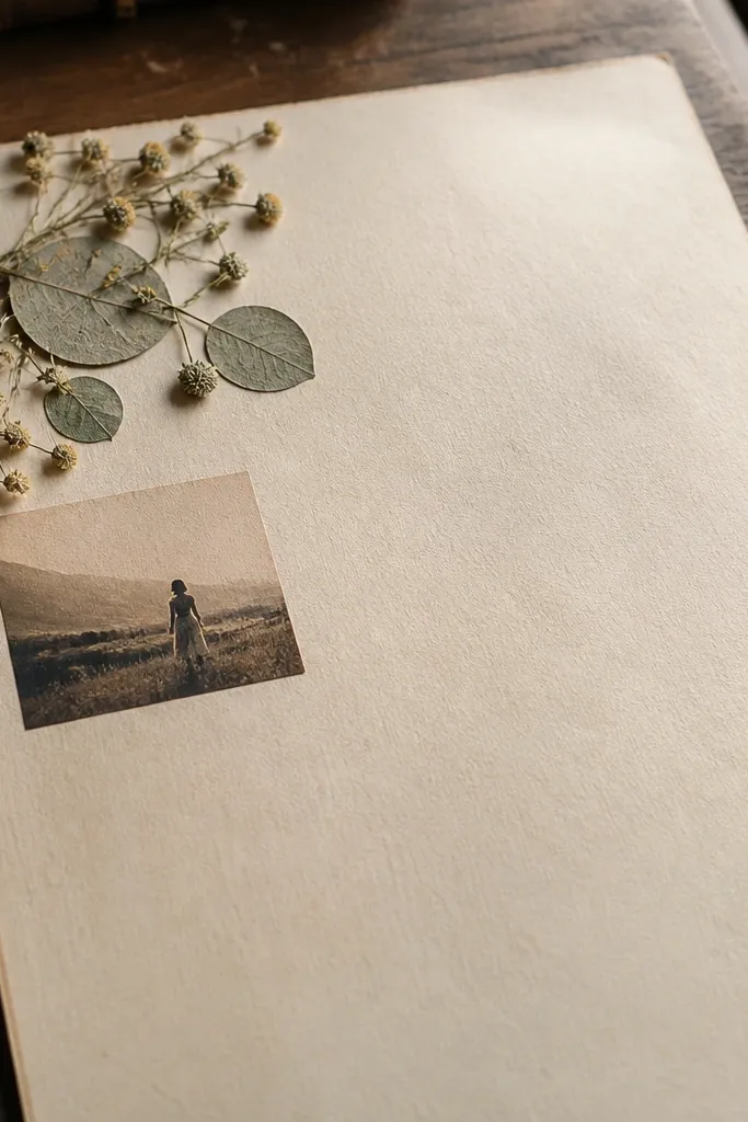 Oatmeal paper board with dried flower pressed into a corner and small photos around it