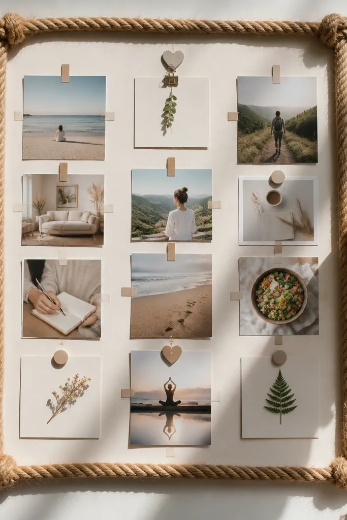 Jute rope border around a board with photos arranged in vertical columns