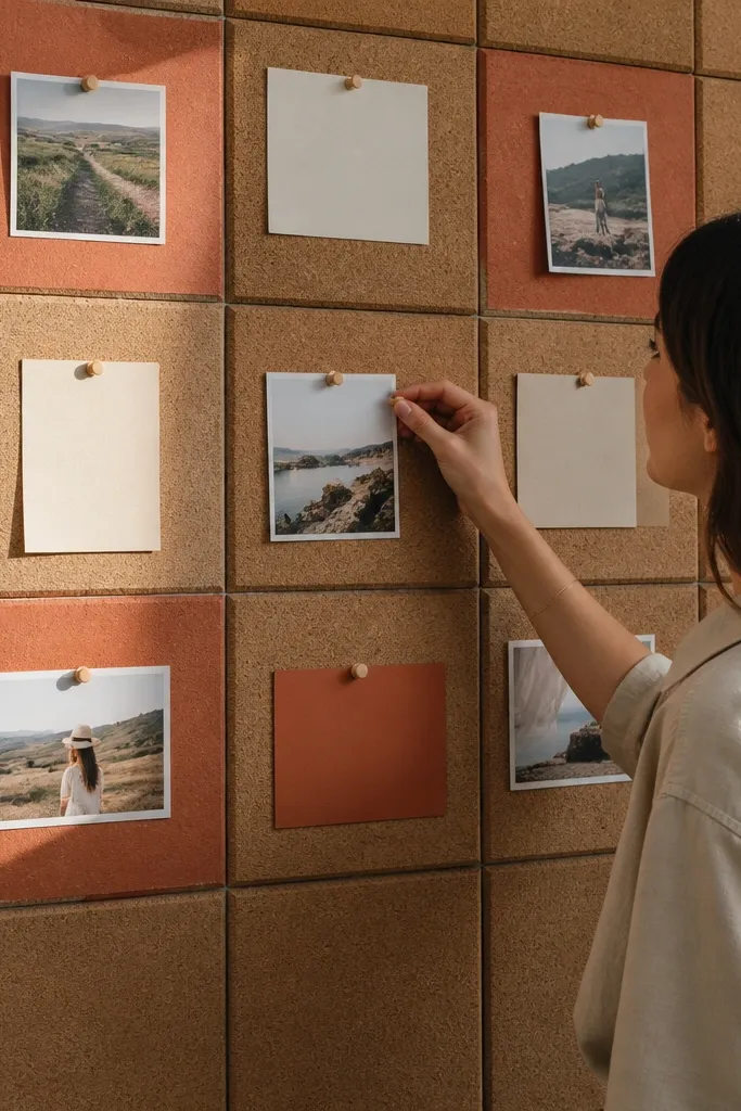 Cork tiles arranged like a patchwork with pastel color blocks and pinned photos