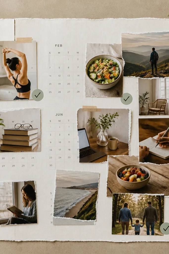 Collage made from torn calendar pages with photos and tidy margins on a cream base