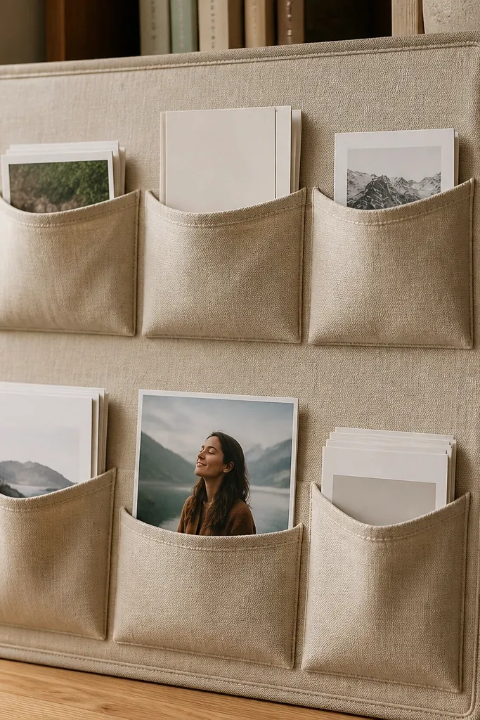 Linen fabric board with stitched pockets holding small photos and cards