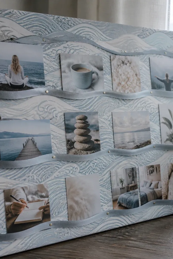 Blue-gray and white wave-pattern paper with photos arranged like flowing ribbons