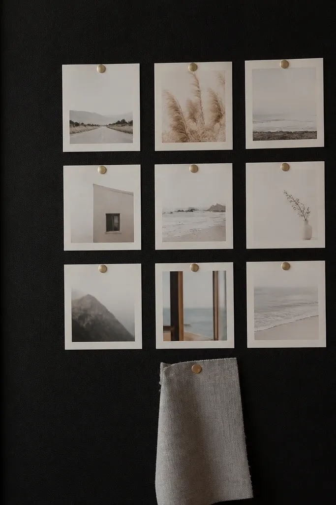 Black and cream minimal board with a few photos, one grid of text, and lots of empty space