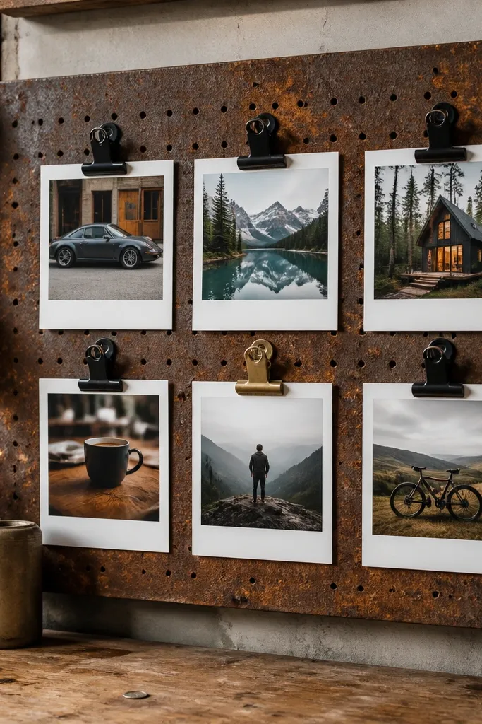 Small pegboard with warm rust tone, clipped photos, and handwritten note cards