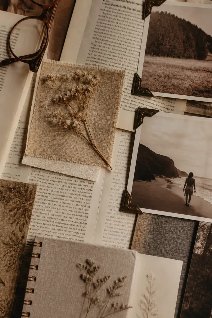 Board backed with torn book pages and a sepia cluster in the upper corner