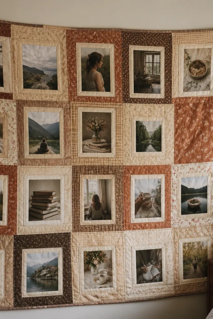 Patchwork fabric squares with small photos backed by fabric scraps and stitched-looking borders