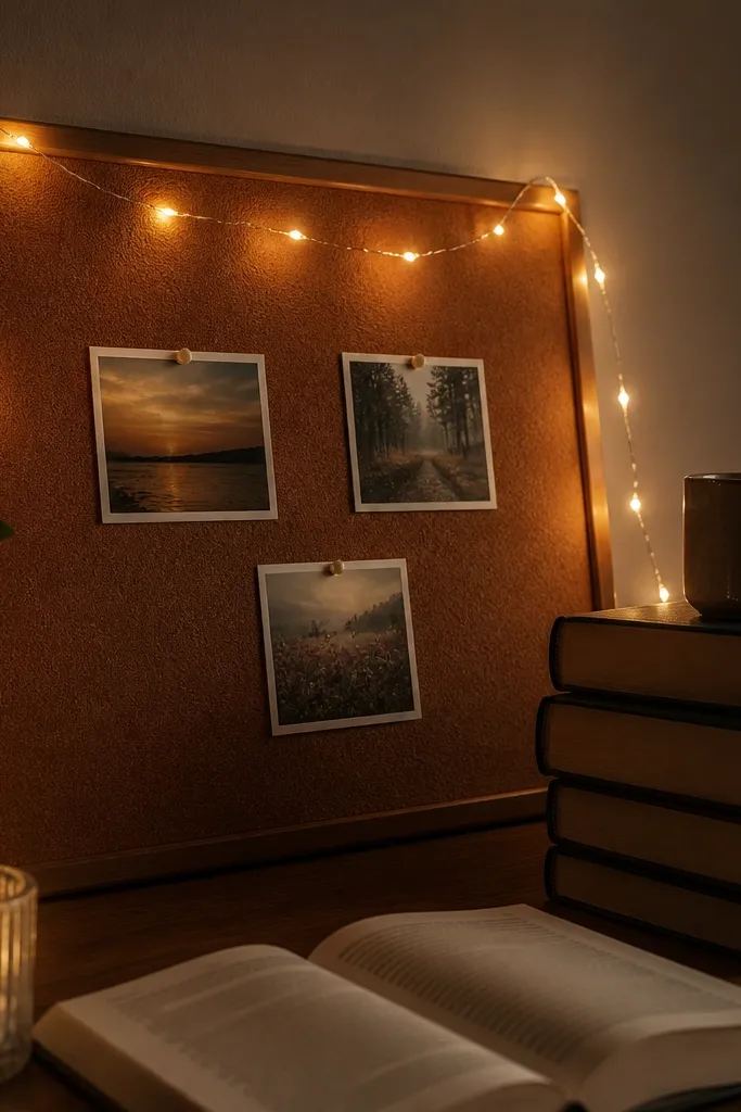 Warm amber string lights wrapped around a board with a few photos and small cards