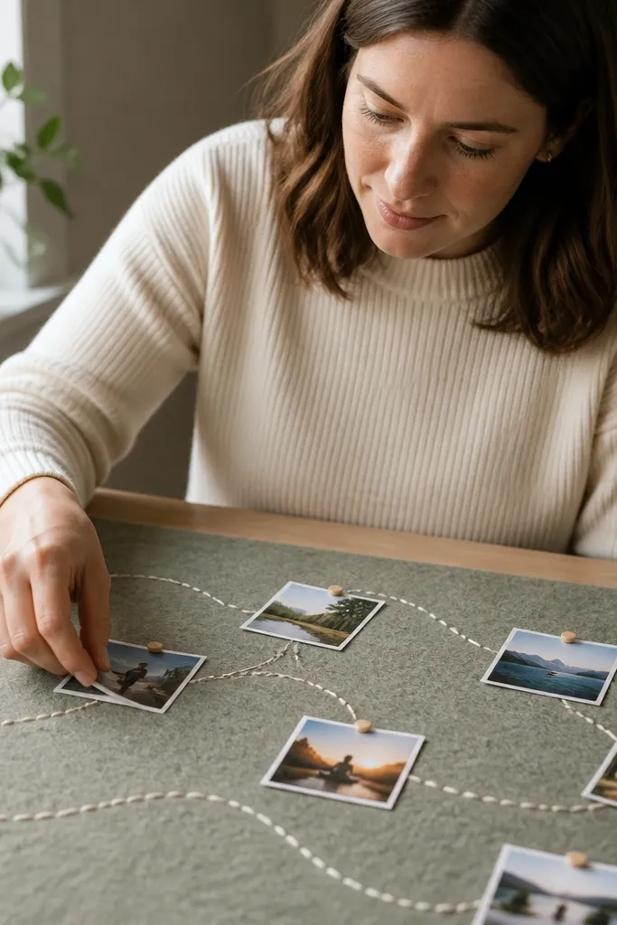Sage felt board with stitched-looking lines and small cutouts placed along the paths