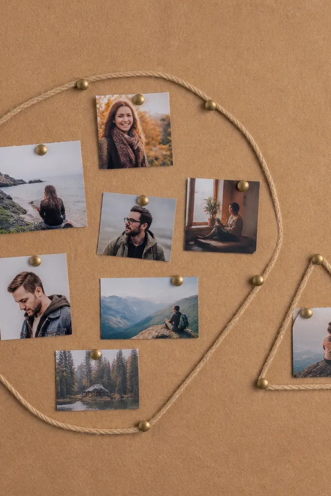 Brown kraft paper board with twine forming shapes and pinned photos inside the shapes