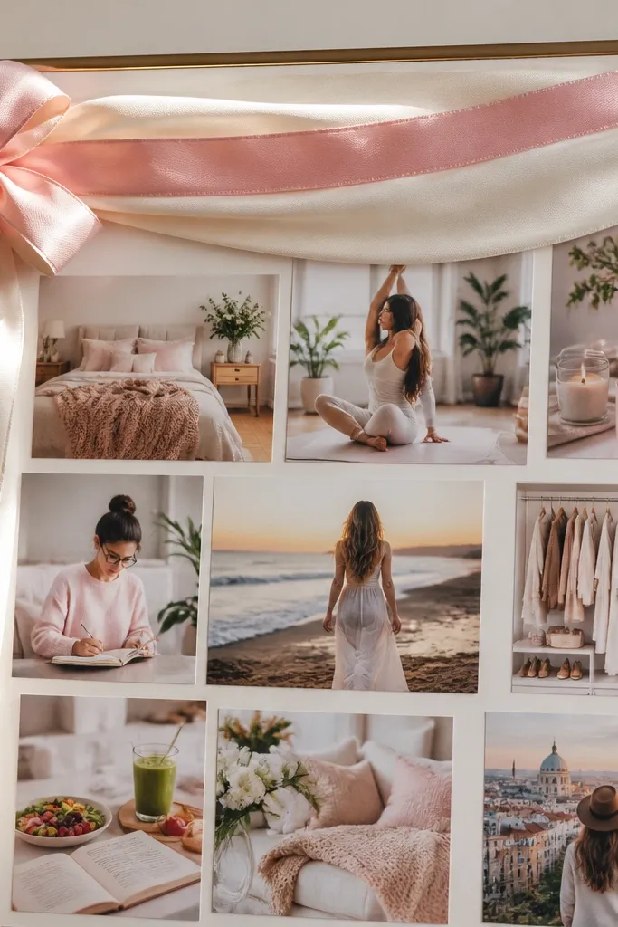Soft pink and white ribbon banner across the top with photos arranged neatly below