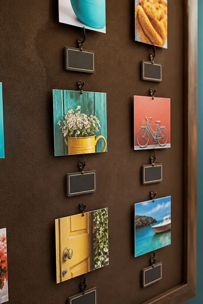 Chocolate brown chalkboard label cards with color photos arranged in a tidy grid