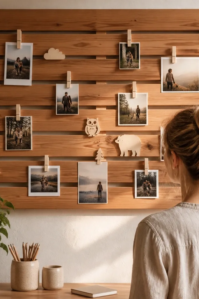 Wood slat board with small photos clipped by clothespins and handwritten cards pinned between slats