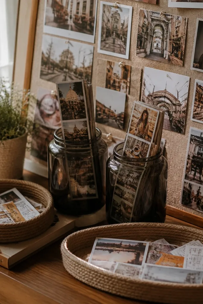 Smoked glass jars holding photos, twine trays, and warm amber string lights.