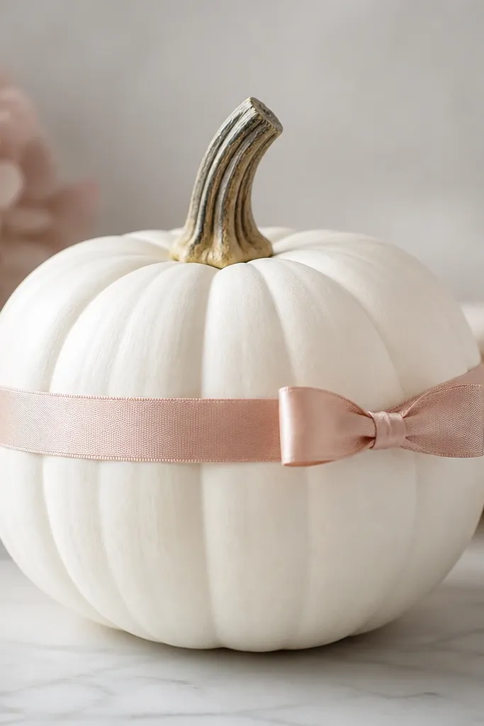 A white pumpkin with a blush satin ribbon wrapped horizontally around the center, tied into a small bow on the right side. The bow has two short loops and sits flat, with a neat knot and no loose ends.