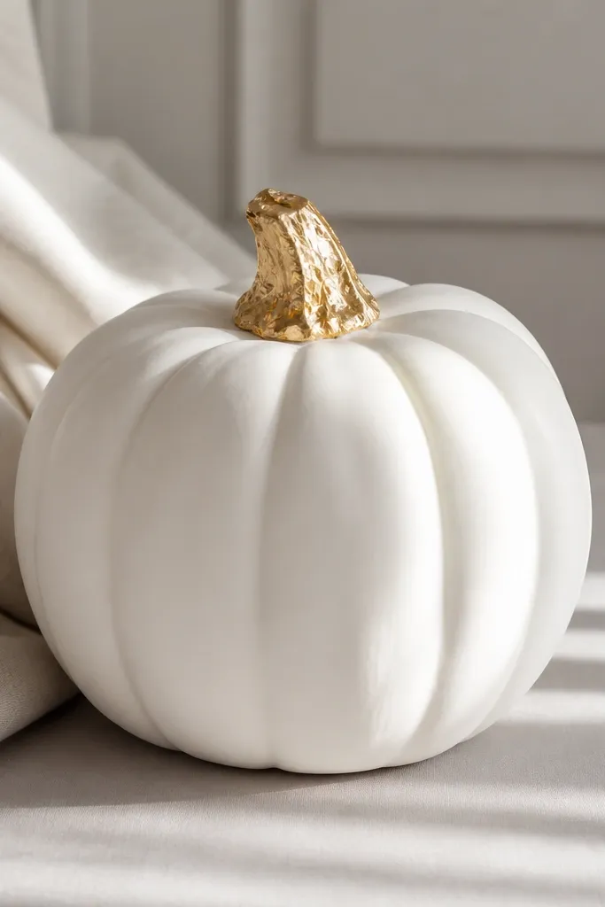 A white pumpkin with a matte surface. The stem is wrapped with a small, irregular gold leaf cap that catches light, while the rest of the pumpkin stays plain and clean.