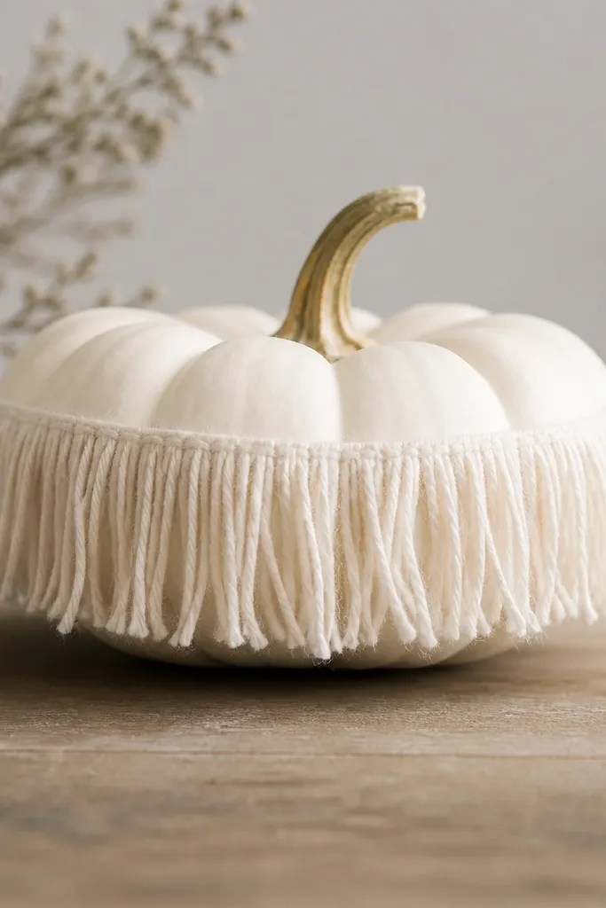 A white pumpkin wrapped with a ring of yarn fringe. The yarn strands hang about 1 inch down, forming a soft halo with a few wispy ends.