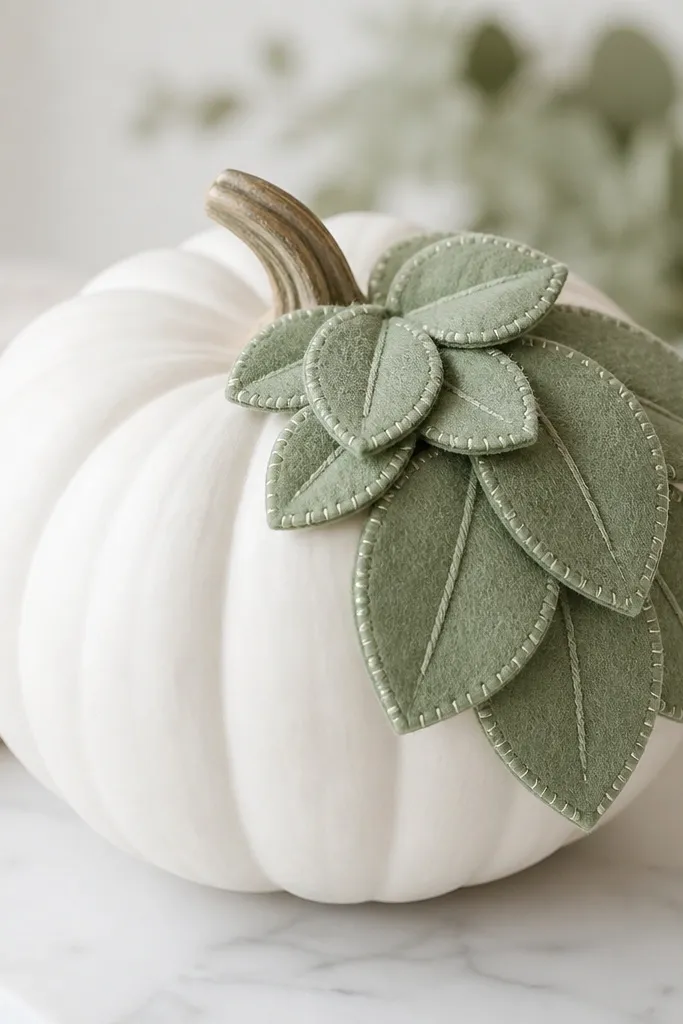 A white pumpkin with a cluster of layered sage green felt leaves on one side near the stem. The leaves overlap like a small bouquet and have stitched-looking edges.