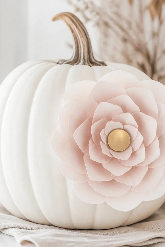 A white pumpkin with a single large paper rosette flower on one side. The rosette has layered petals in soft white and pale blush, with a small gold circle in the center.