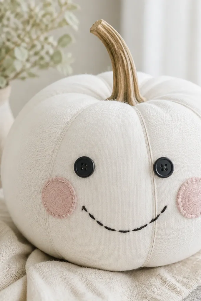 A white pumpkin with a simple stitched face: small black button eyes, a curled blush fabric cheek, and a smile drawn with embroidery thread. The stitches look hand-done and neat.