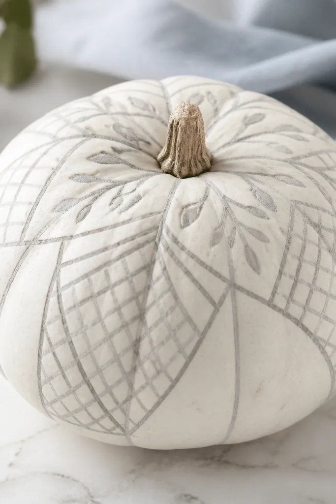 A white pumpkin with hand-drawn gray chalk lines forming a pattern: small crosshatch sections and a simple leaf motif near the stem. The lines look matte and powdery.