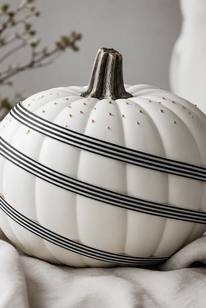 A white pumpkin wrapped with thin black-and-white striped ribbon spiraling around it, plus a few tiny gold dot accents on the top third.