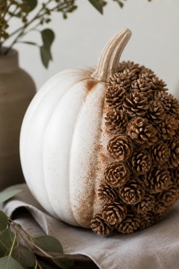A white pumpkin with a patch of small pinecones glued on one side, with a light cinnamon-brown dusting around the edges. The pinecones look natural and matte.