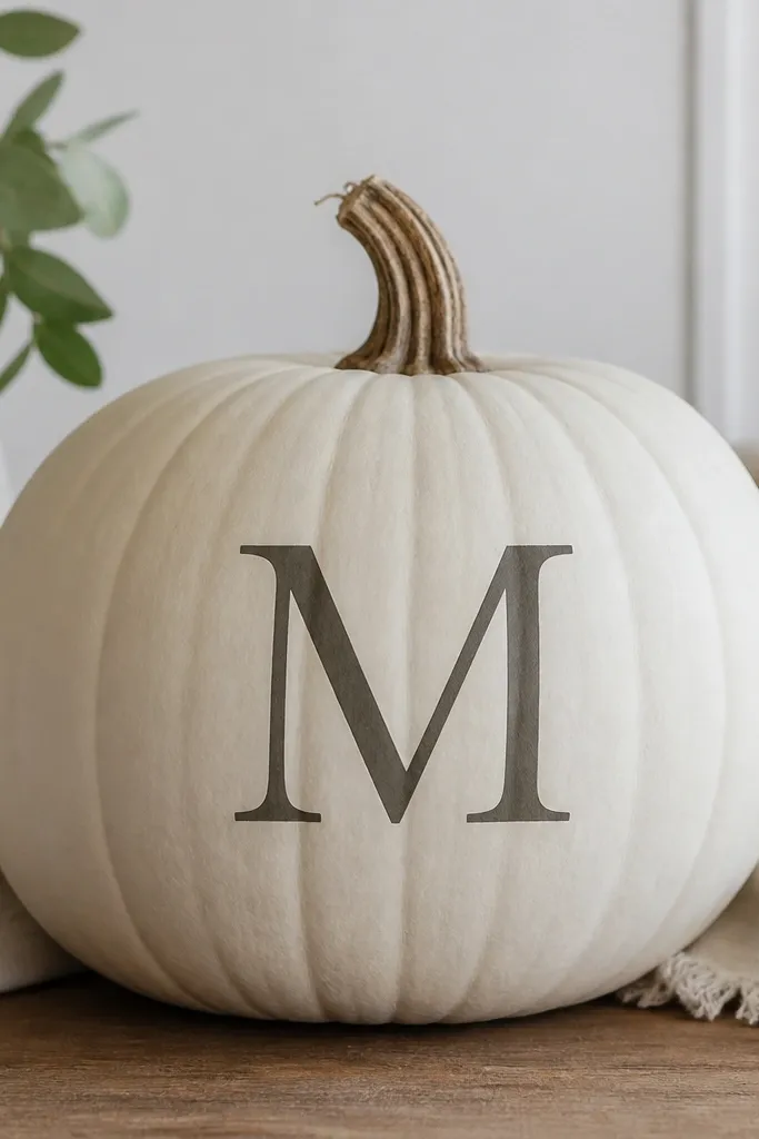A white pumpkin with a clean monogram letter on one side, printed in dark gray. The letter looks like it's part of the surface, not a sticker.
