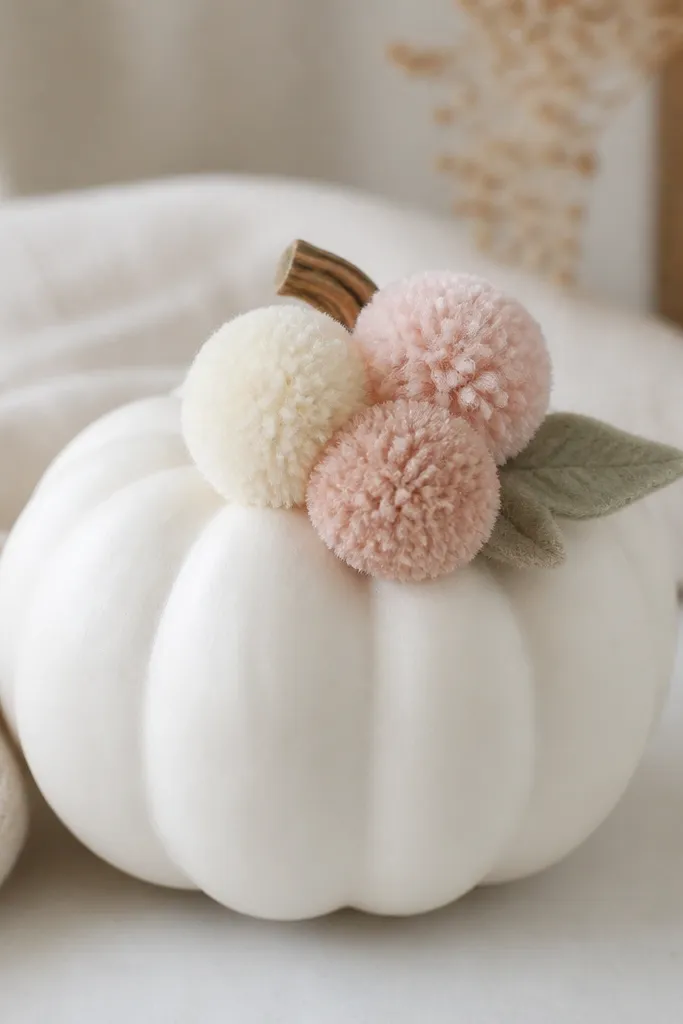 A white pumpkin with a small topiary-like cluster: three pom-poms in cream and blush attached near the stem, with a tiny felt leaf sticking out.