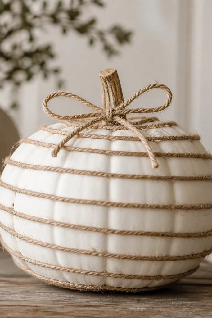 A white pumpkin wrapped with natural jute rope in horizontal bands, with a tiny twine bow tied around the stem area. The rope looks rough and matte.