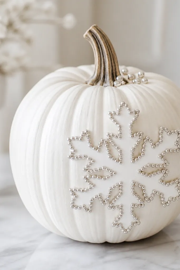 A white pumpkin with a single snowflake cutout shape made from white cardstock, outlined with tiny silver beads. The snowflake sits on one side with a few beads at the stem side.