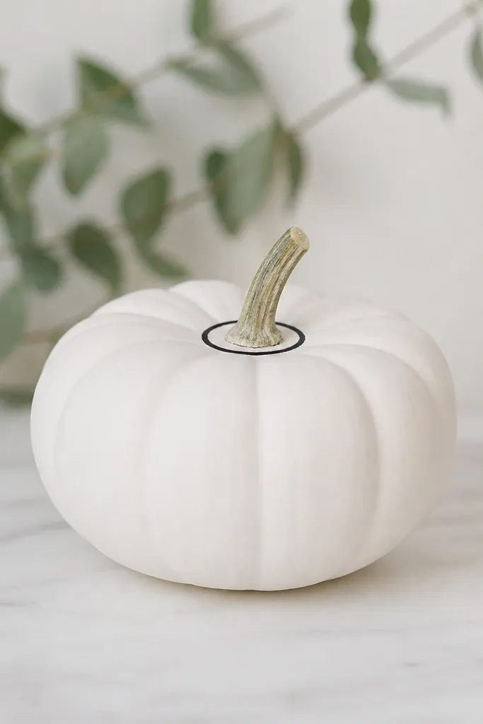 A small white-painted pumpkin with a thin black ring around the stem area, like a halo. The rest is clean white with no other marks.
