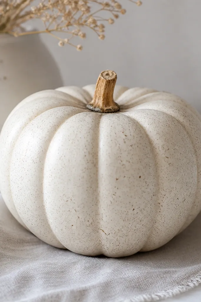 A white pumpkin with tiny scattered speckles in warm gray and soft beige, like vintage porcelain. No big shapes, just controlled dots.